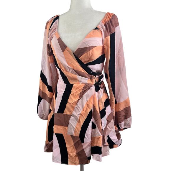Anthropologie Hutch New Geo Wrap Mini Dress XS Petite Long Puff Sleeves V Neck - Picture 12 of 14